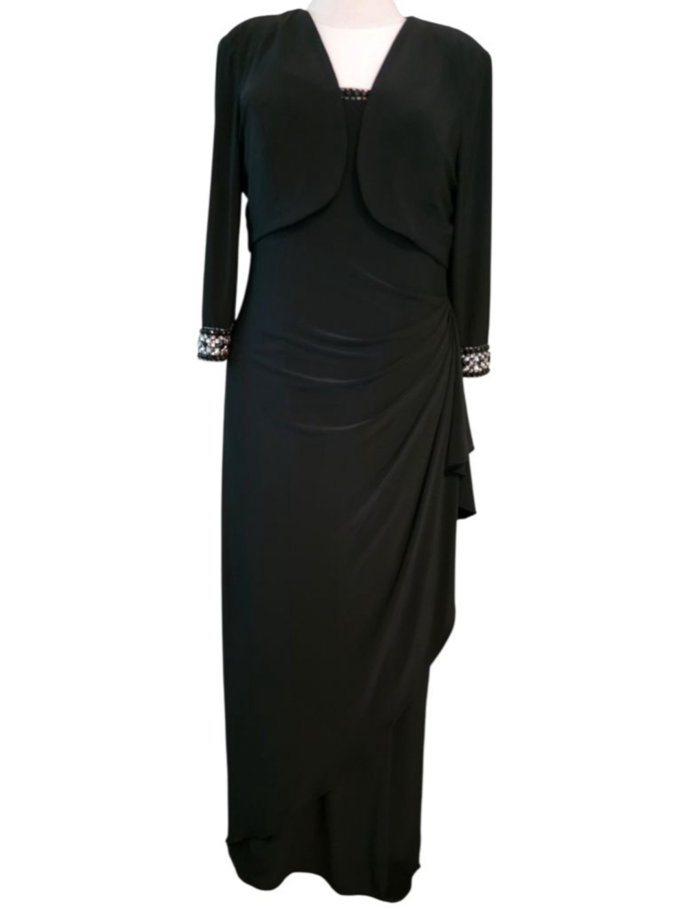 Alex Evenings 2pc Black Crystal Rhinestone Maxi Formal Dress Bolero Jacket 12